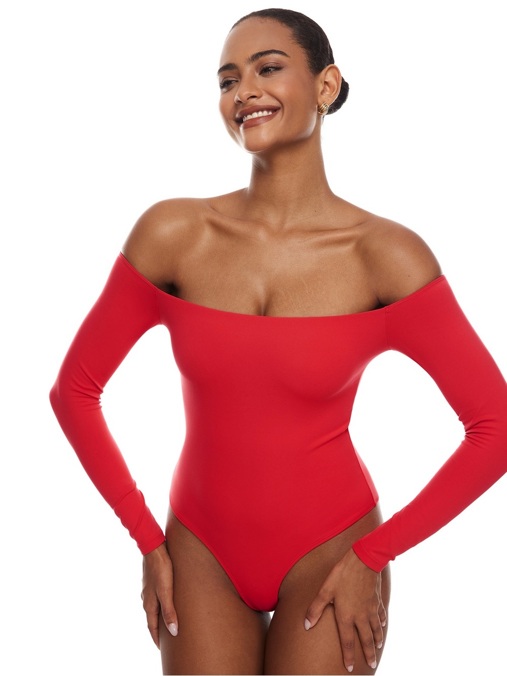 Inlyric Off-the-Shoulder Long Sleeve Red Bodysuit
